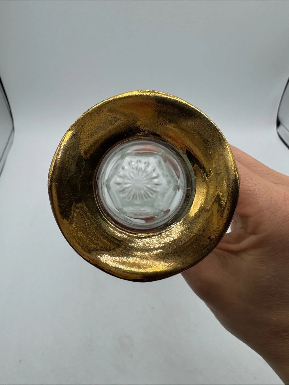 Vintage Anchor Hocking Hexagonal WEXFORD Gold Trim Decanter w/Stopper 1965